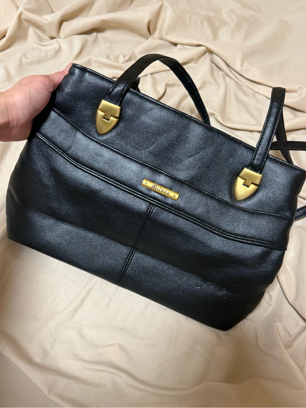 Milano Vintage Structured Black Shoulder Bag / Work Tote – Gold Hardware